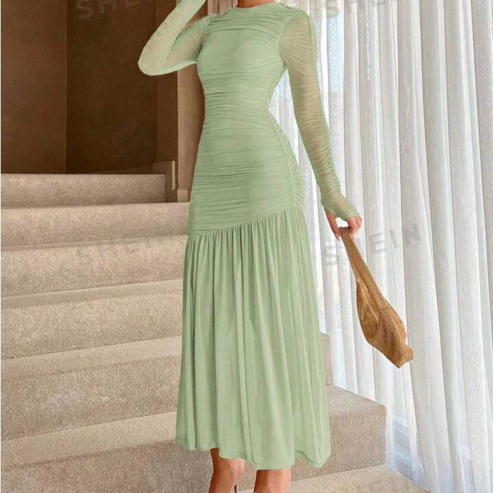 SHEIN Aloruh Patchwork Mesh & Pleated Waist Cinched Dress